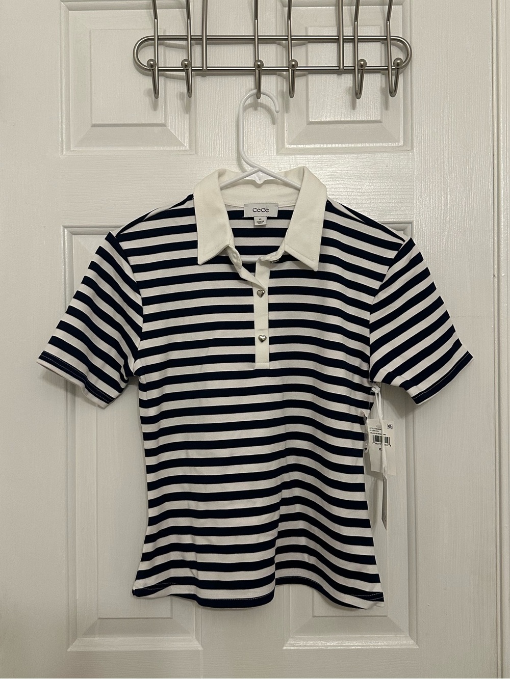 CeCe Navy and White Striped Polo Shirt